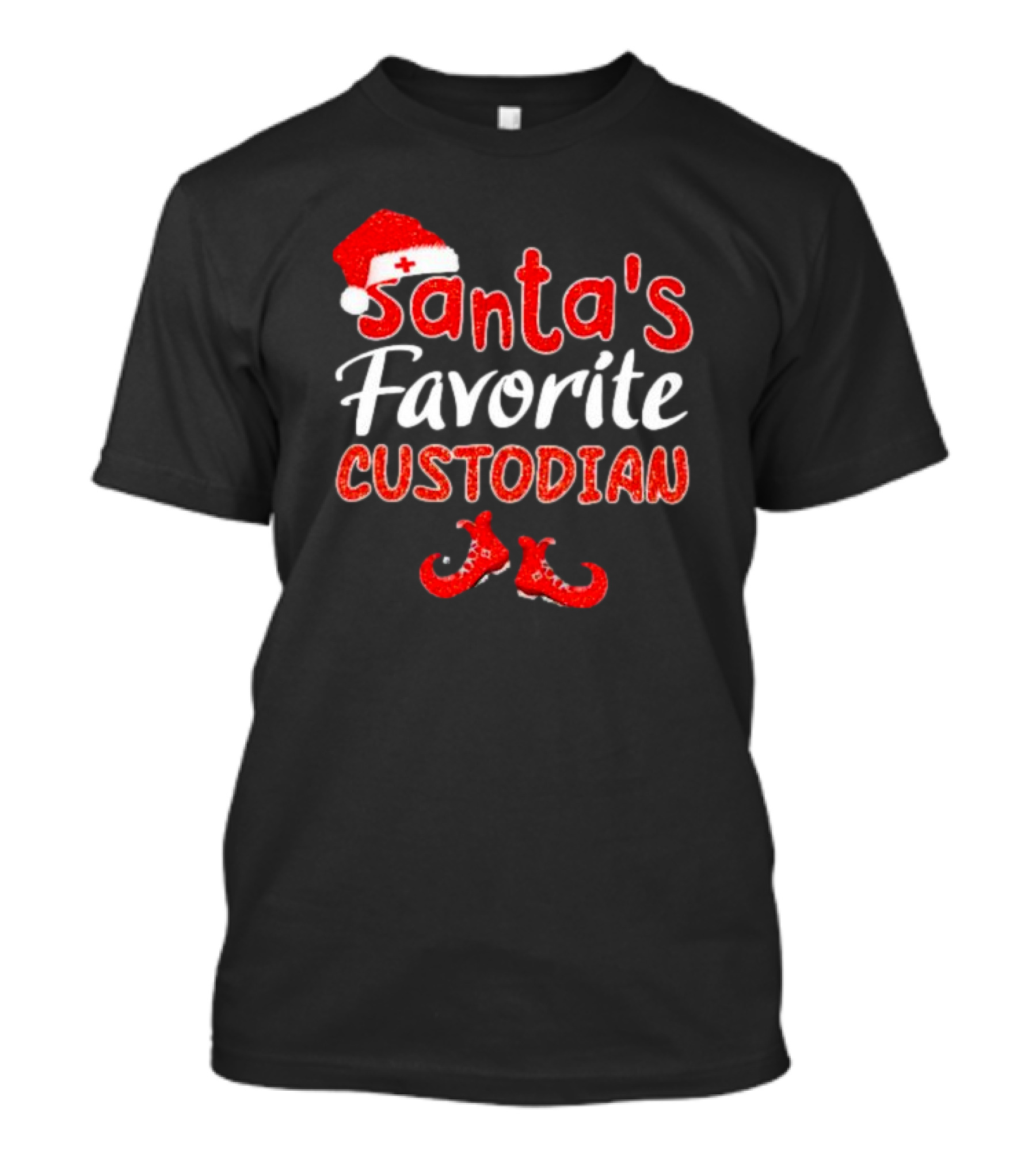 Santa's Favorite Custodian Festive Holiday Santa Hat And Elf Shoes T-Shirt