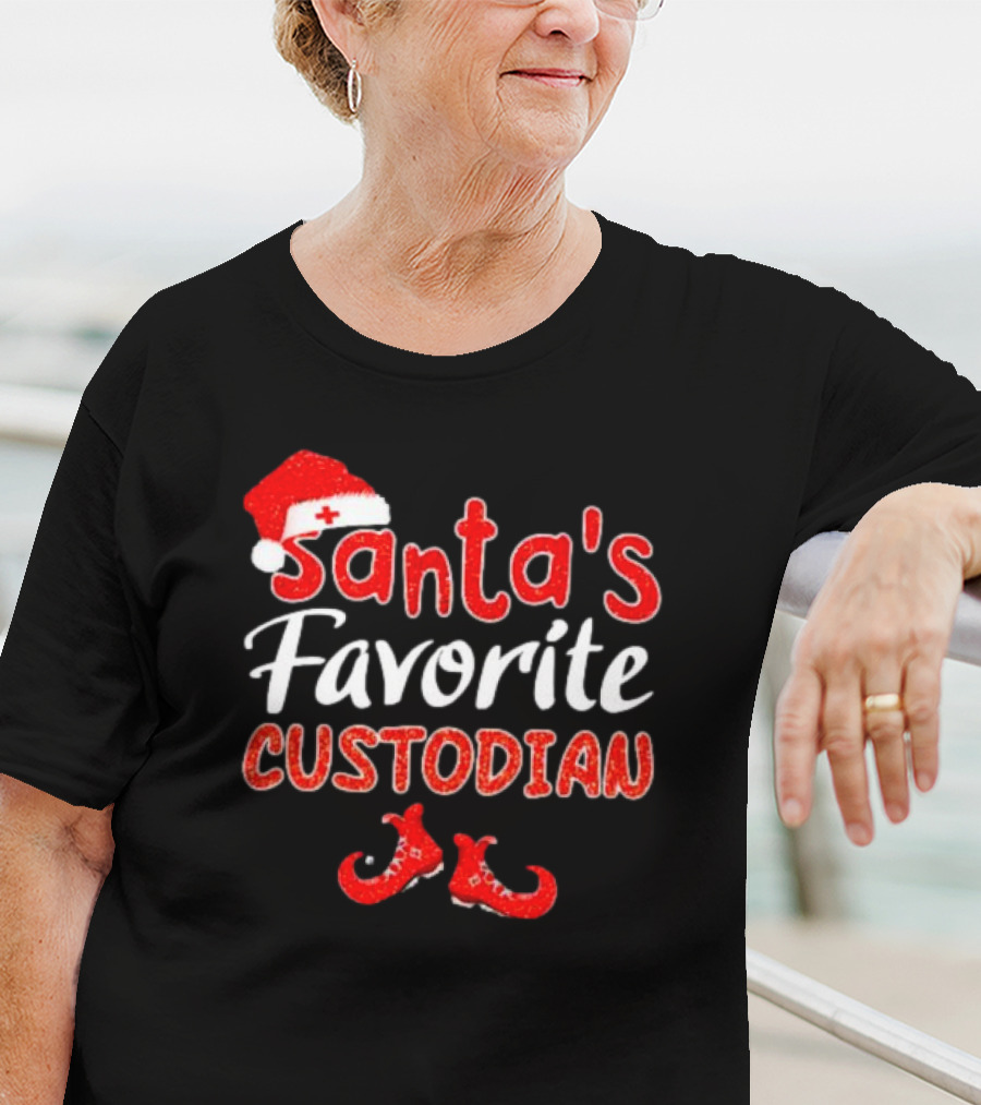Santa's Favorite Custodian Festive Holiday Santa Hat And Elf Shoes T-Shirt