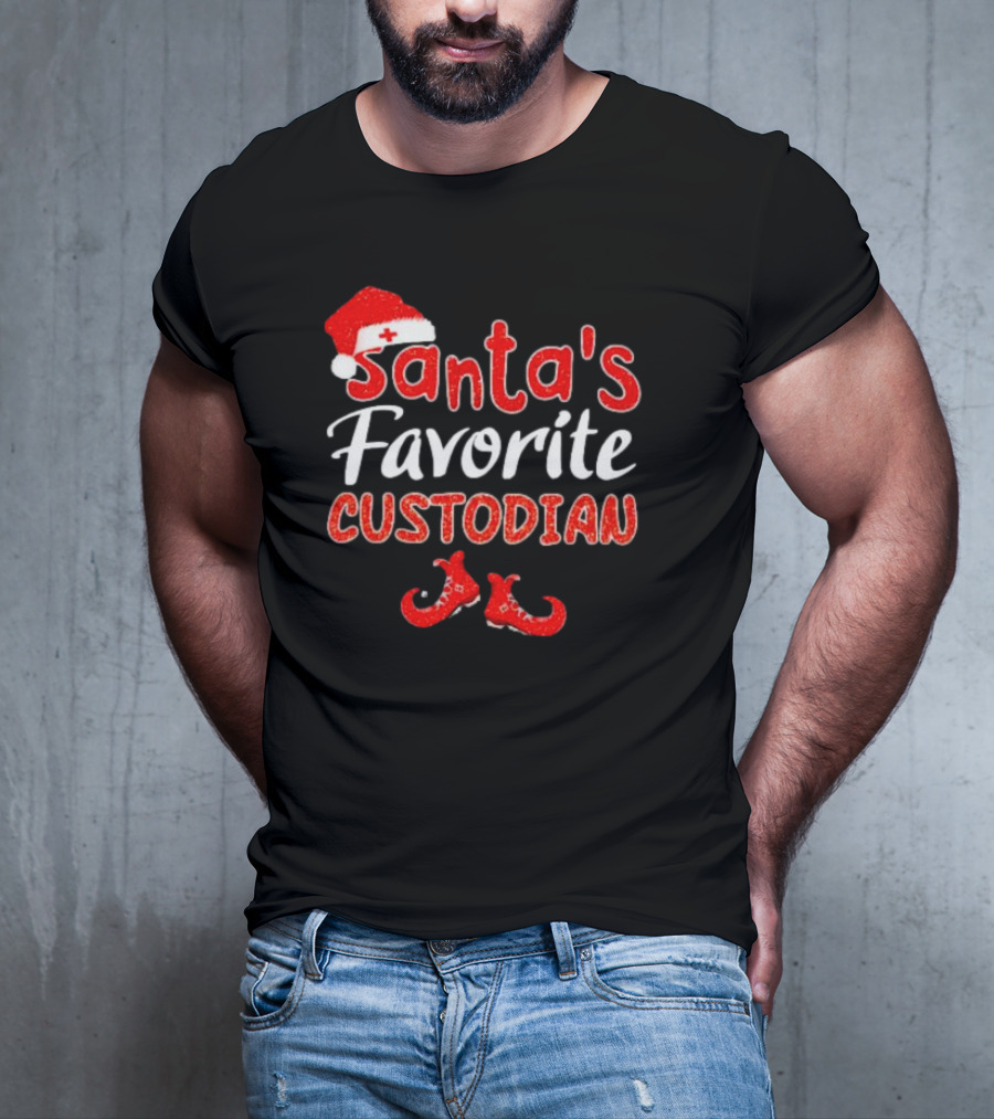 Santa's Favorite Custodian Festive Holiday Santa Hat And Elf Shoes T-Shirt