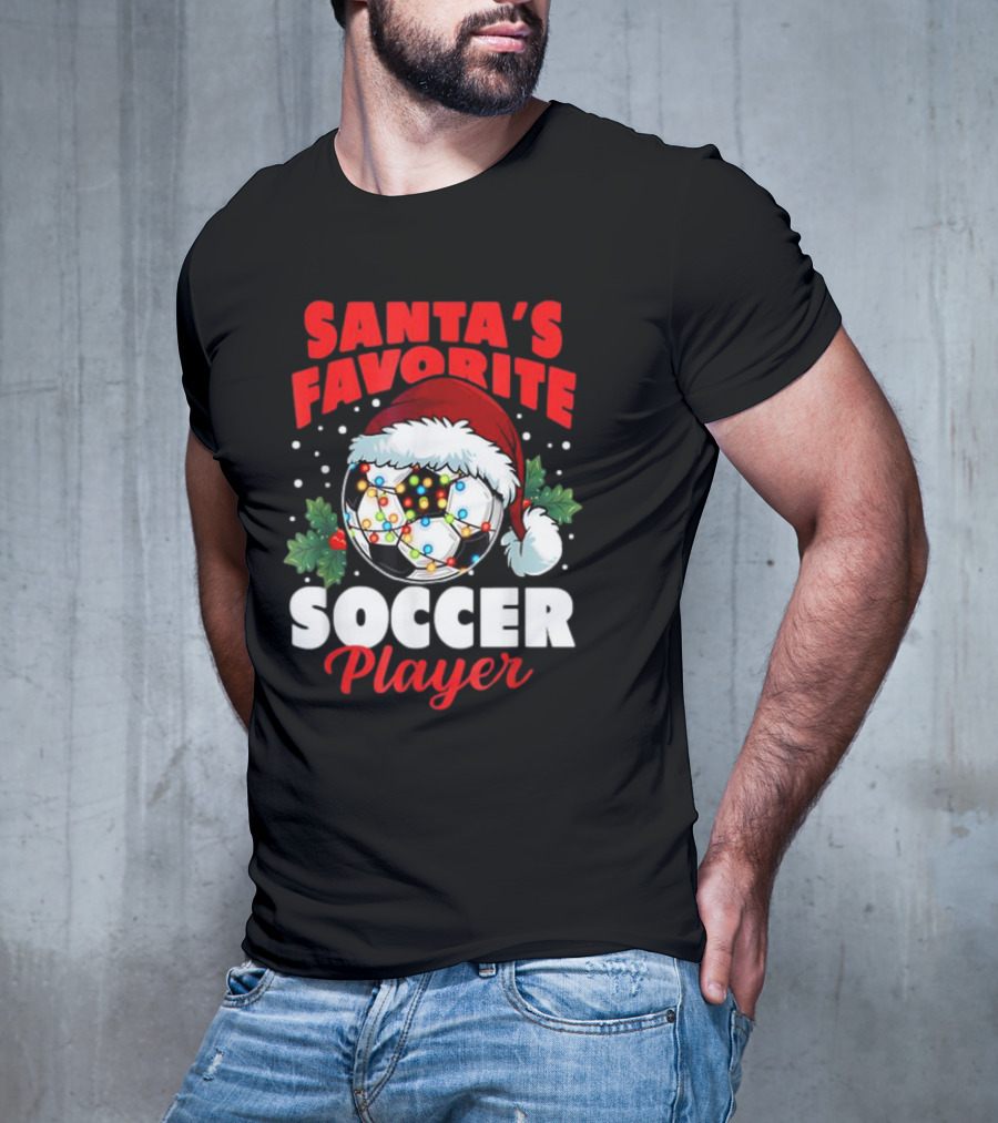Santa's Favorite Soccer Player Christmas Pajama Xmas Soccer Ball And Santa Hat T-Shirt