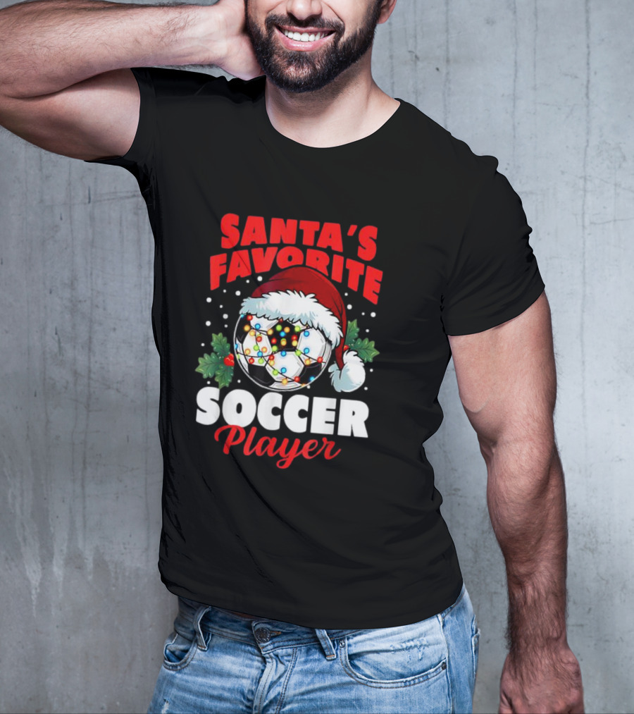 Santa's Favorite Soccer Player Christmas Pajama Xmas Soccer Ball And Santa Hat T-Shirt