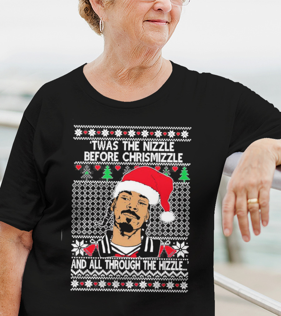 Snoop Dogg Twas The Nizzle Before Chrismizzle Santa Hat Pattern Christmas T-Shirt