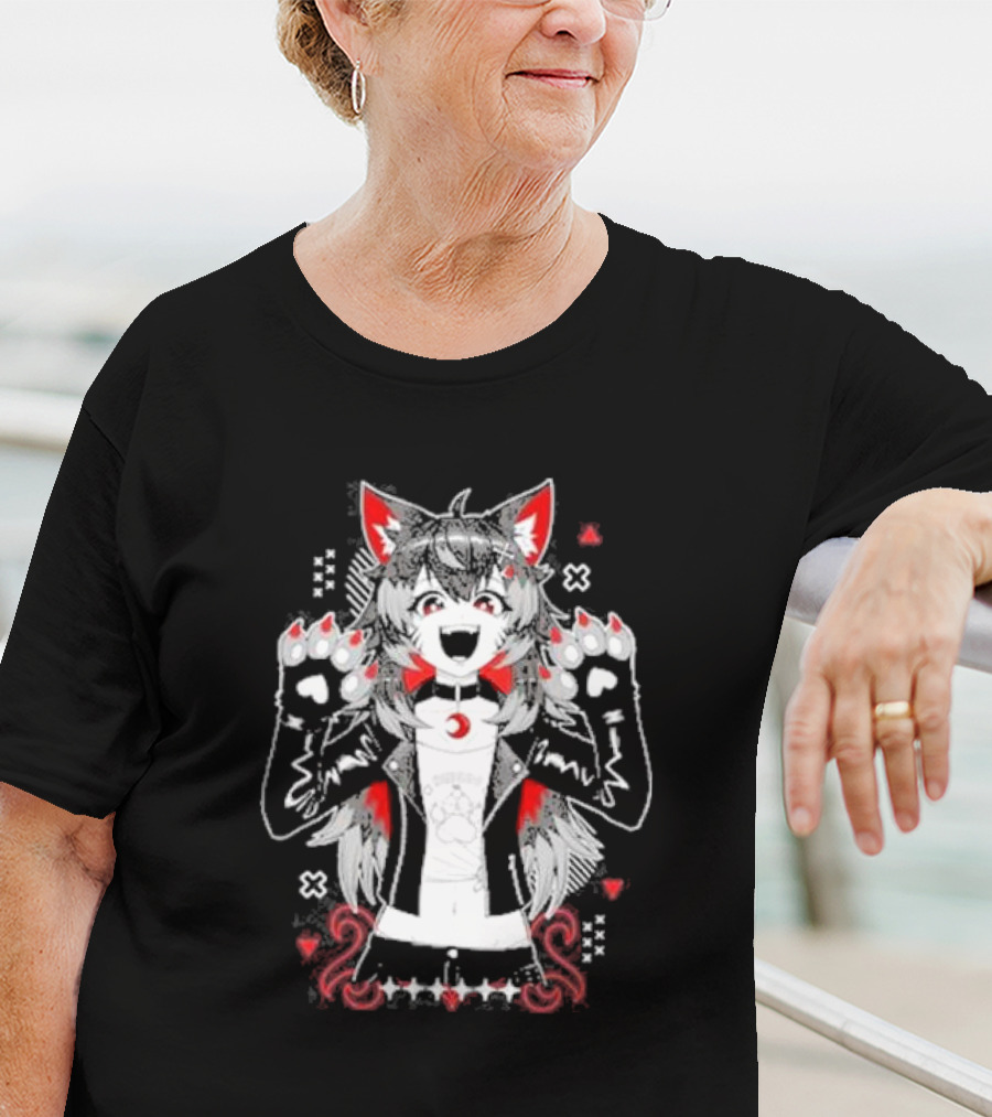 Kiba Nanobites Paws Up Anime Wolf Character With Red And White Details T-Shirt