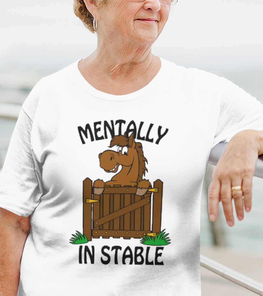Mentally In Stable Cartoon Horse Gate Humorous T-Shirt