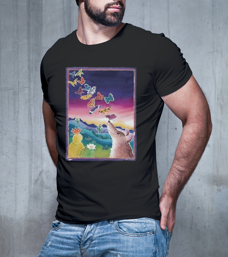Jimmorris Smiles At Nature’s Wonders Colorful Desert Landscape With Coyote And Butterflies T-Shirt