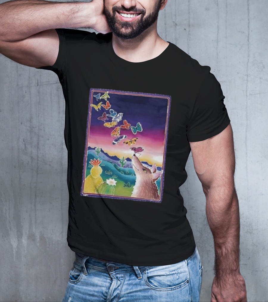 Jimmorris Smiles At Nature’s Wonders Colorful Desert Landscape With Coyote And Butterflies T-Shirt