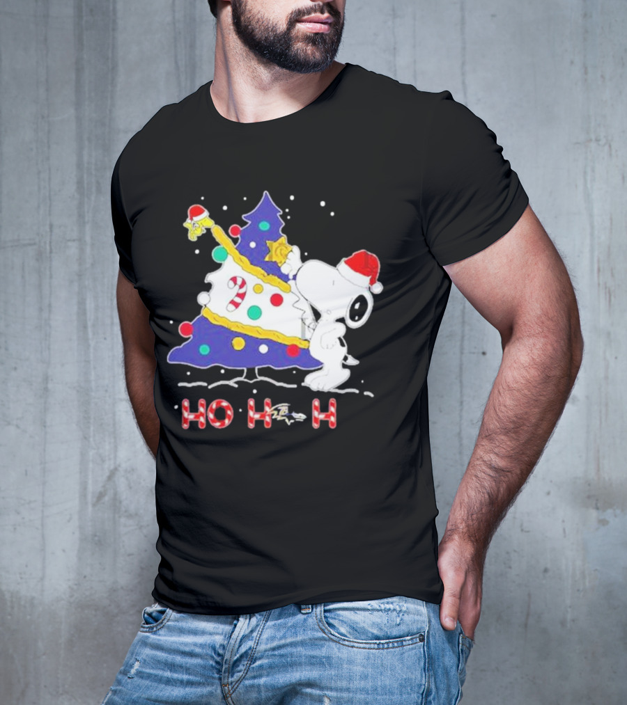 Ho Ho Ho Snoopy Woodstock Christmas Tree Baltimore Ravens T-Shirt