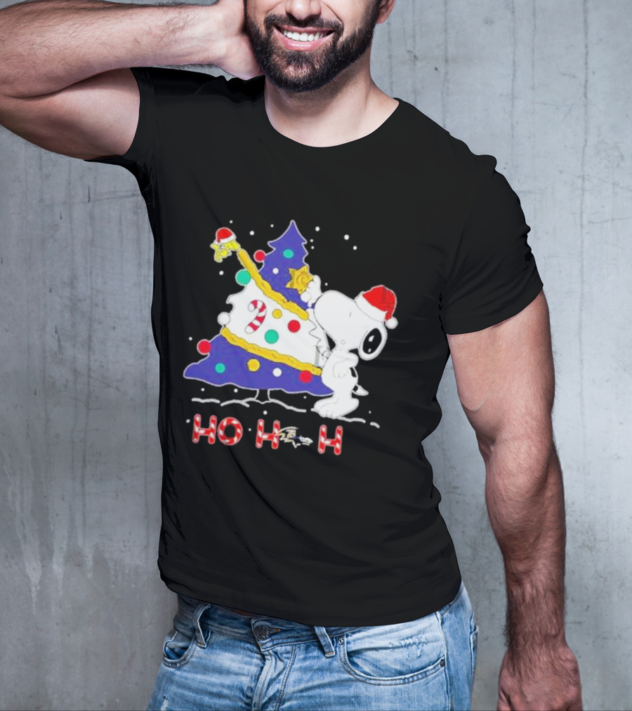 Ho Ho Ho Snoopy Woodstock Christmas Tree Baltimore Ravens T-Shirt