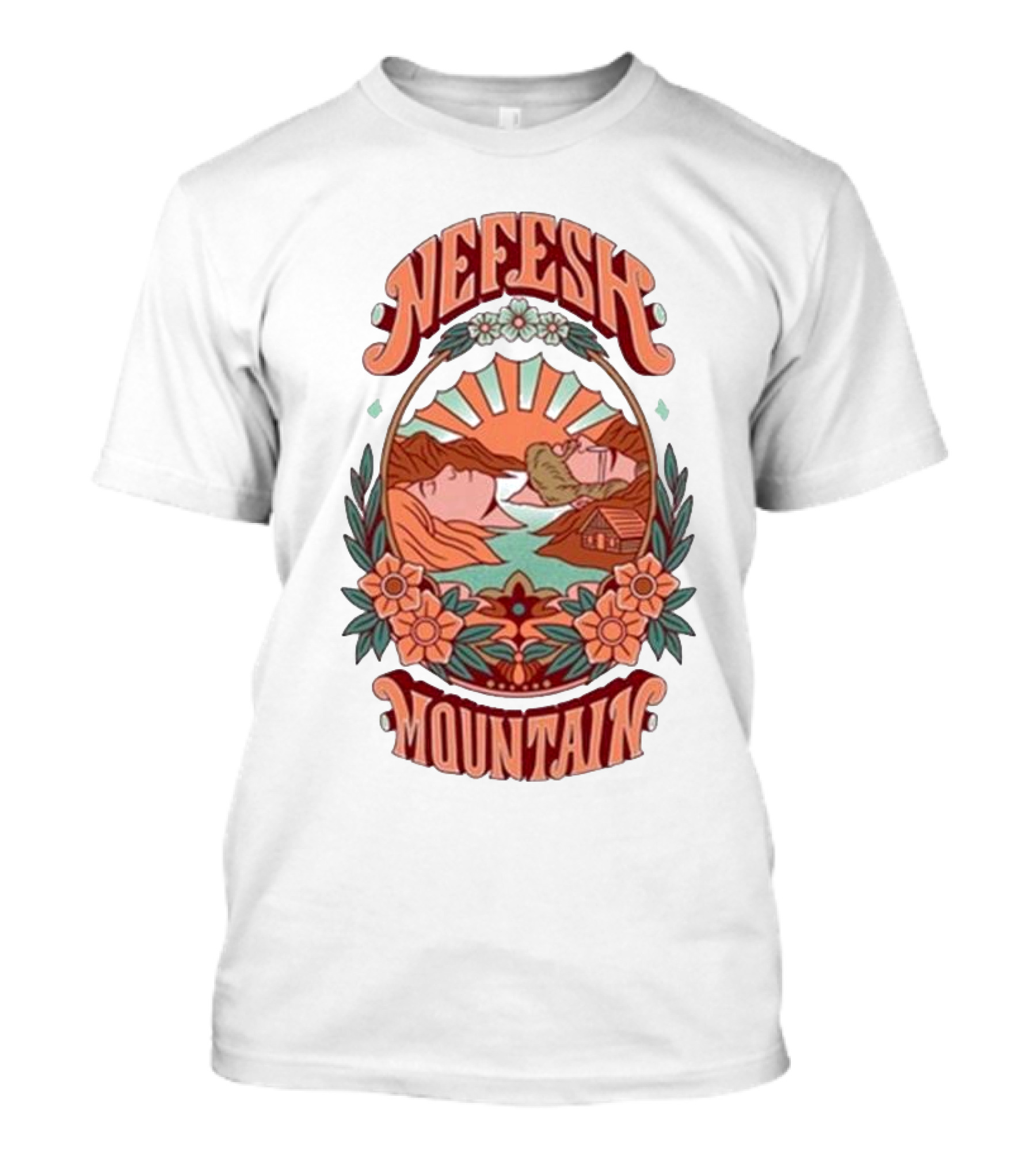 Nefesh Mountain Sunrise Scene With Cabin And Flowers T-Shirt