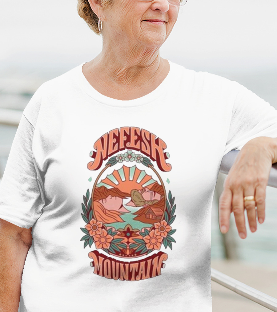 Nefesh Mountain Sunrise Scene With Cabin And Flowers T-Shirt