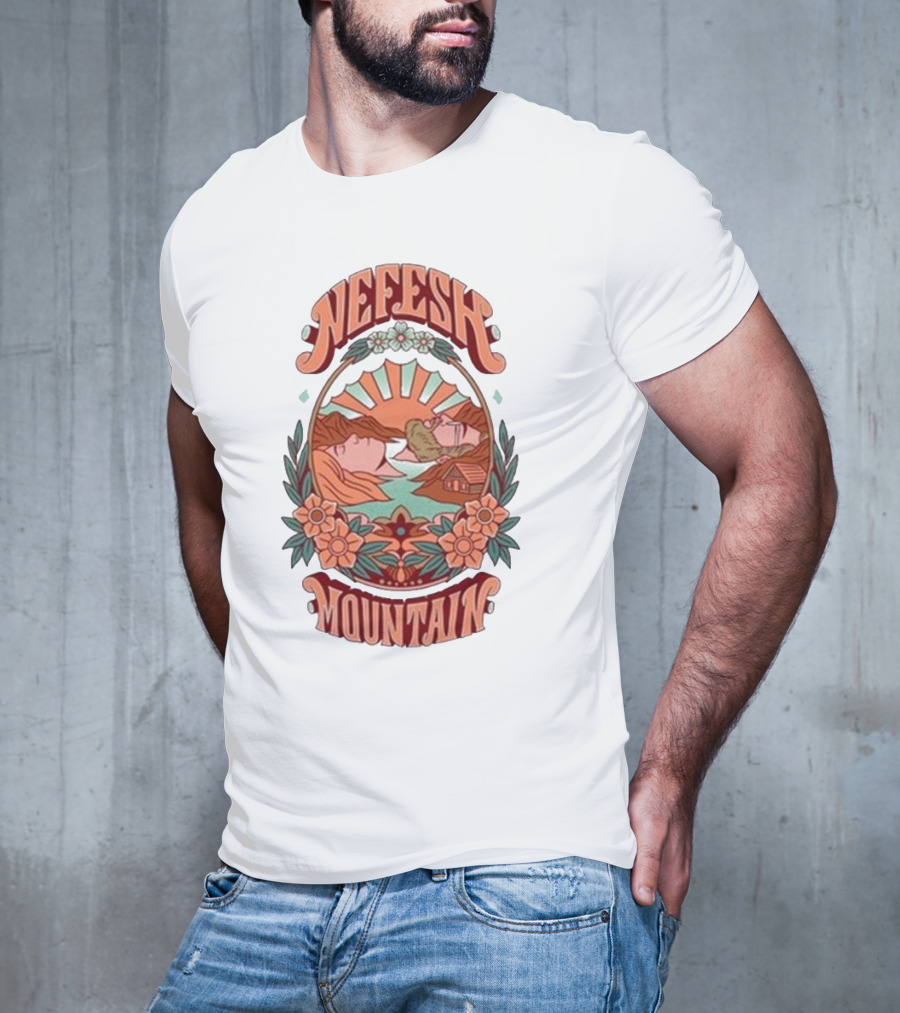 Nefesh Mountain Sunrise Scene With Cabin And Flowers T-Shirt