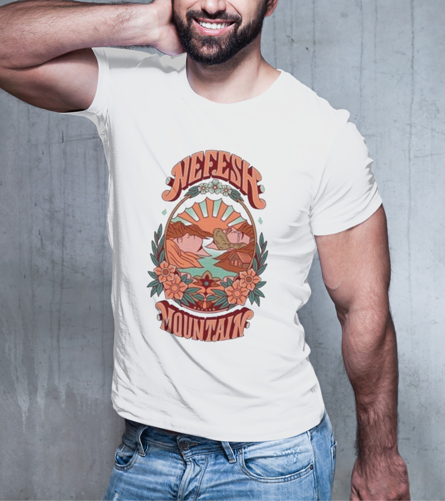 Nefesh Mountain Sunrise Scene With Cabin And Flowers T-Shirt