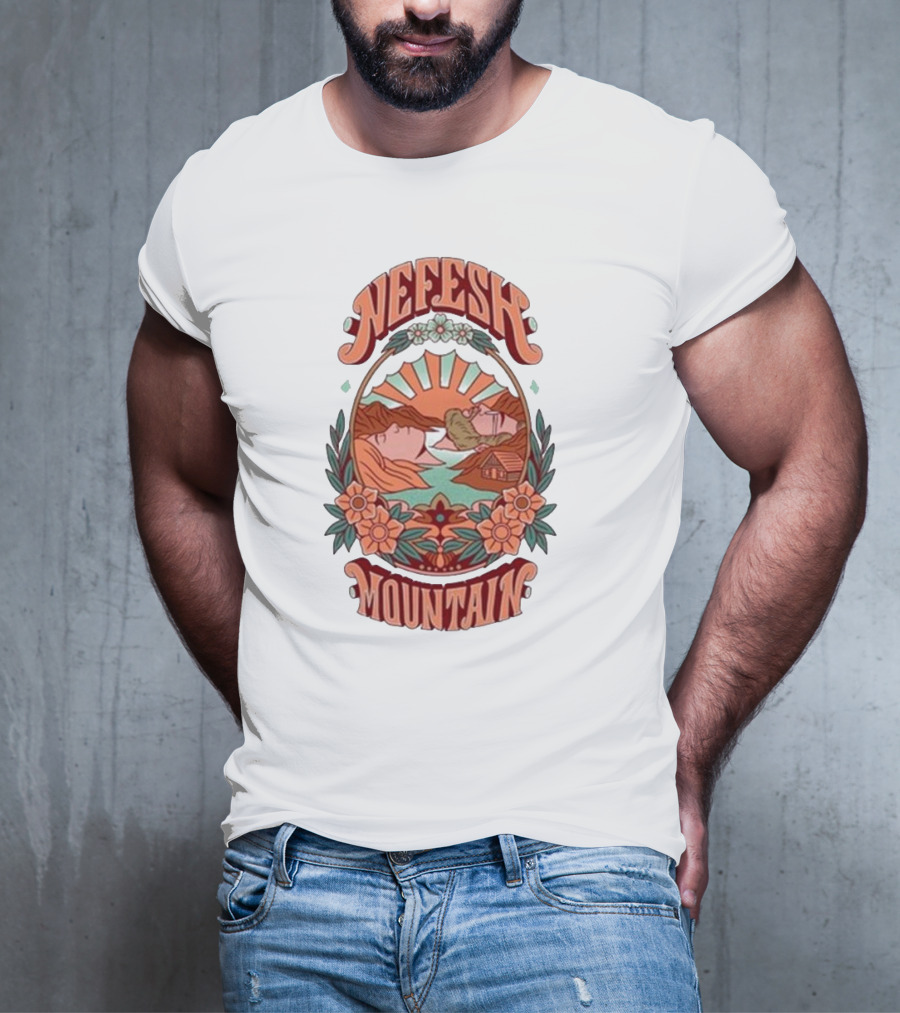 Nefesh Mountain Sunrise Scene With Cabin And Flowers T-Shirt