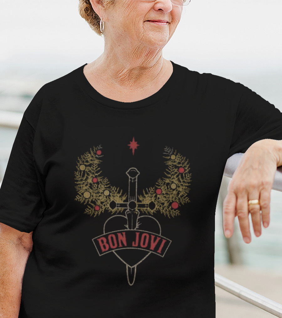 Bon Jovi Heart And Dagger Holiday Wreath With Red Star And Foliage T-Shirt