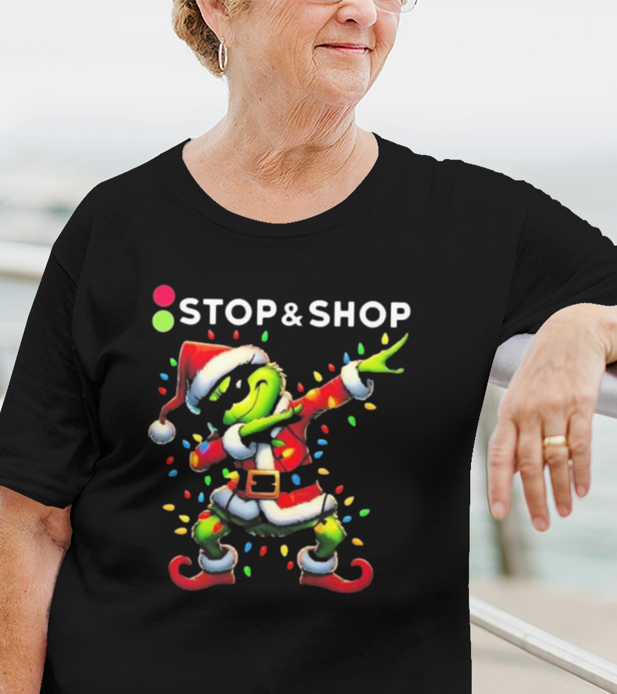 Stop And Shop Grinch Dabbing Santa Lights Merry Christmas T-Shirt