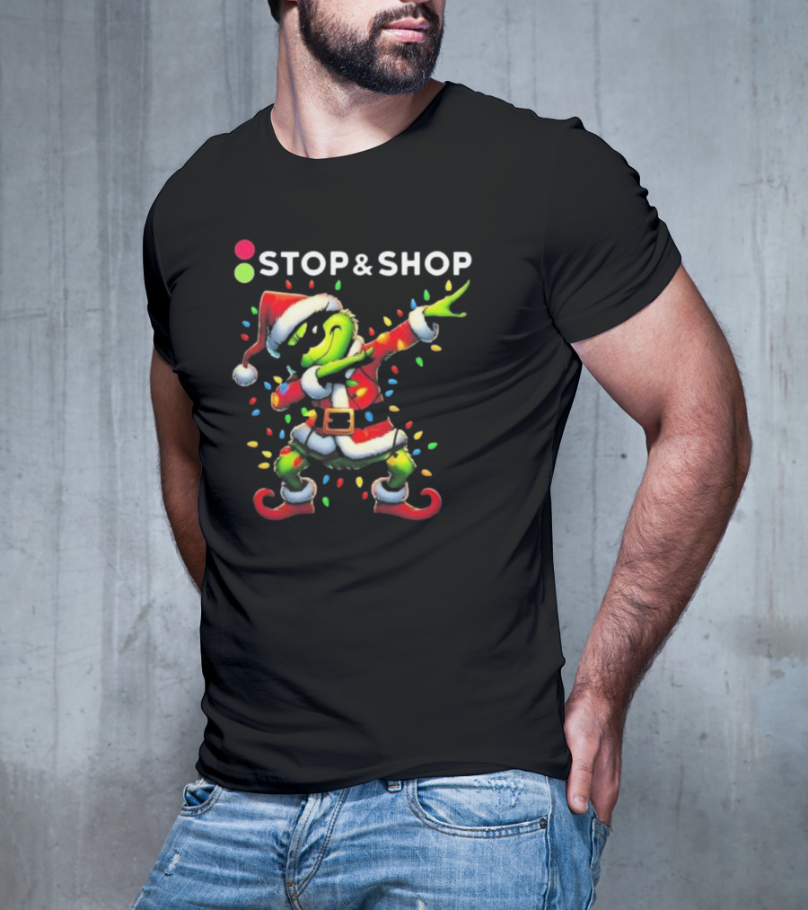 Stop And Shop Grinch Dabbing Santa Lights Merry Christmas T-Shirt
