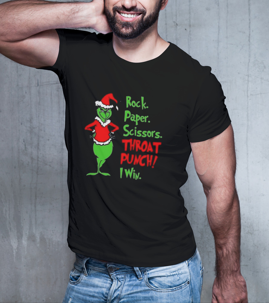 Grinch Rock Paper Scissors Throat Punch I Win Merry Christmas T-Shirt