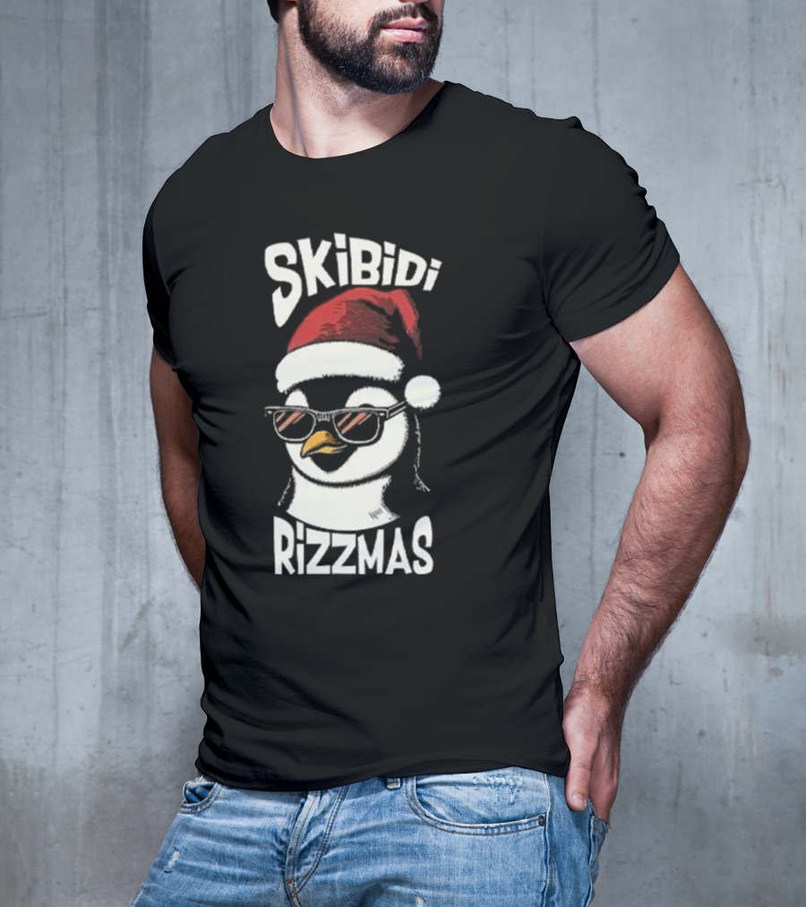 Skibidi Rizzmas Christmas Penguin With Santa Hat And Sunglasses T-Shirt