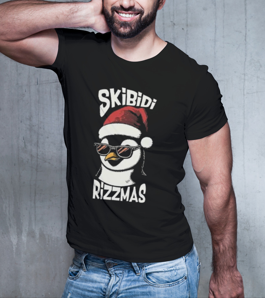 Skibidi Rizzmas Christmas Penguin With Santa Hat And Sunglasses T-Shirt