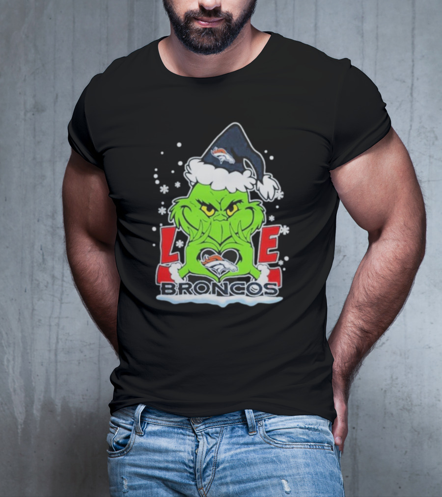 The Grinch Love Denver Broncos Christmas Football T-Shirt