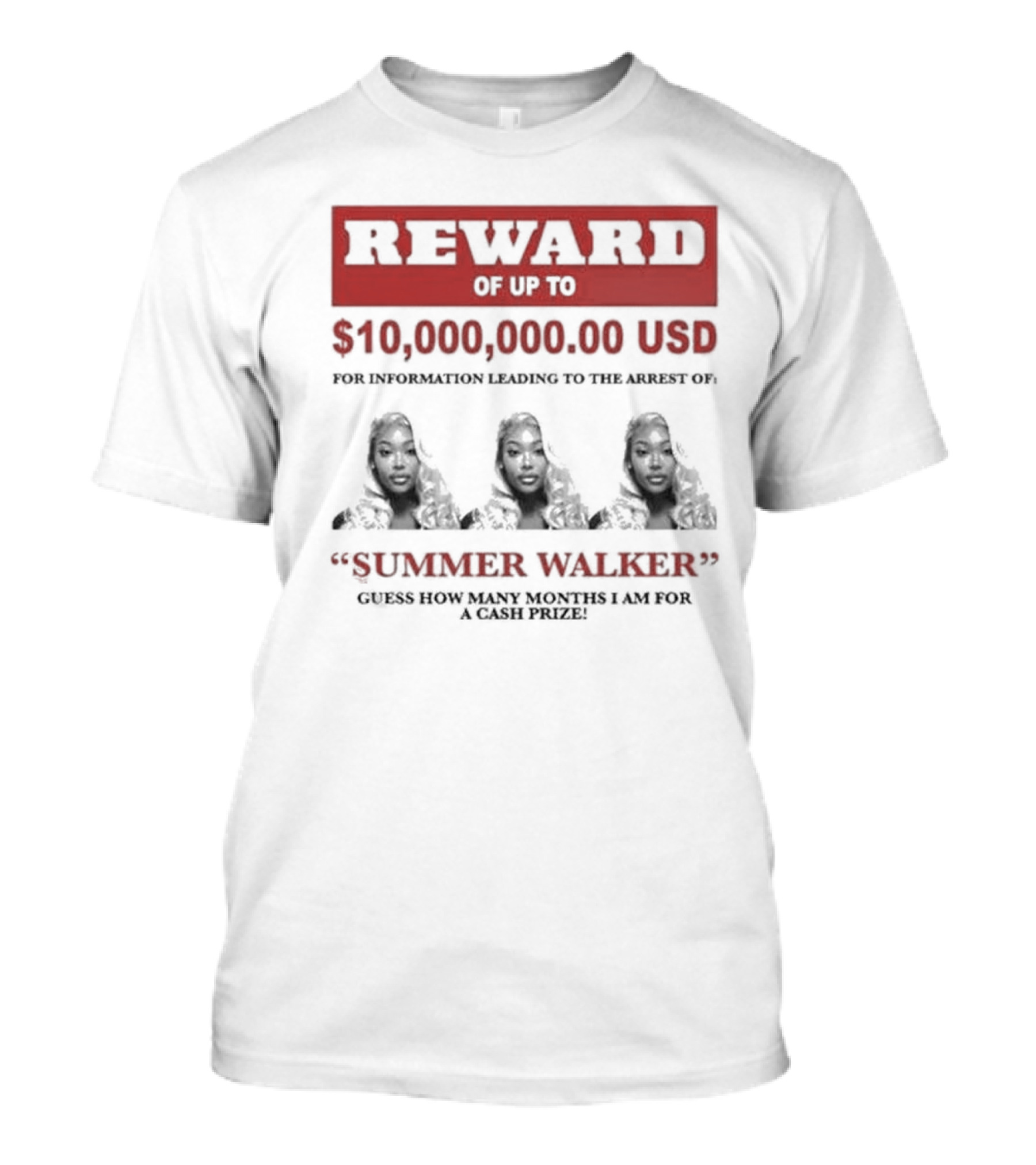 Reward Up To $10,000,000 USD For Information Arrest Of Summer Walker Guess How Many Months I Am For A Cash Prize T-Shirt