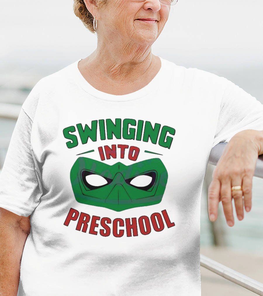 Swinging Into Preschool Green Superhero Mask T-Shirt