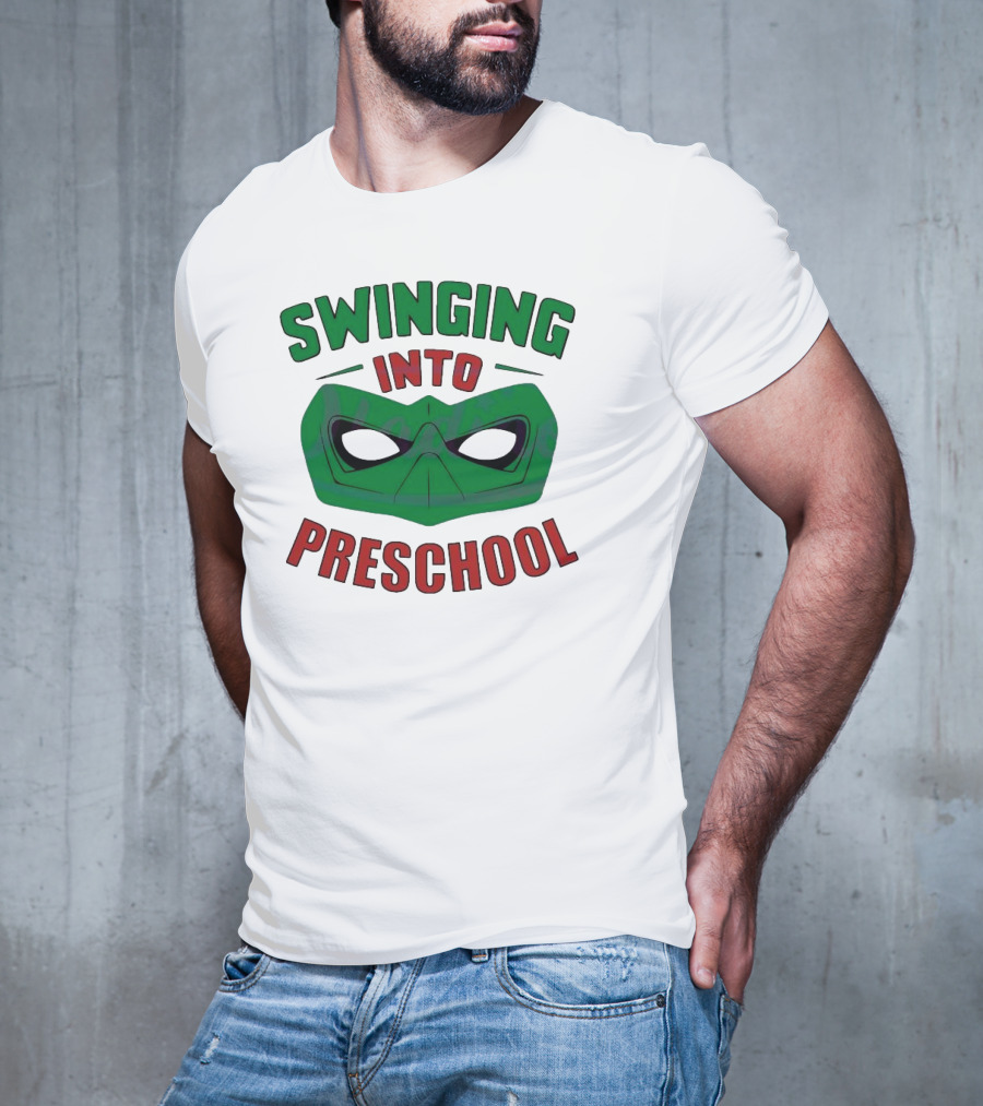 Swinging Into Preschool Green Superhero Mask T-Shirt