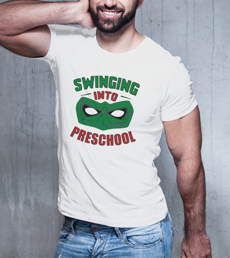 Swinging Into Preschool Green Superhero Mask T-Shirt