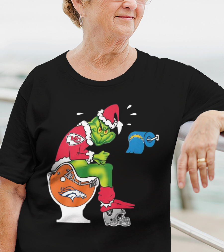 The Grinch On Toilet Kansas City Chiefs, Denver Broncos, Oakland Raiders, Chargers Christmas T-Shirt