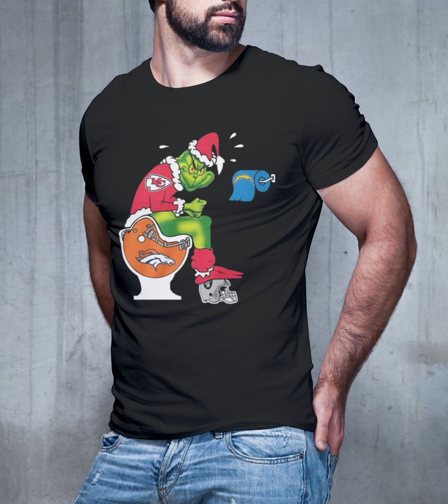 The Grinch On Toilet Kansas City Chiefs, Denver Broncos, Oakland Raiders, Chargers Christmas T-Shirt