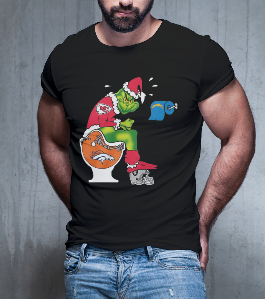 The Grinch On Toilet Kansas City Chiefs, Denver Broncos, Oakland Raiders, Chargers Christmas T-Shirt