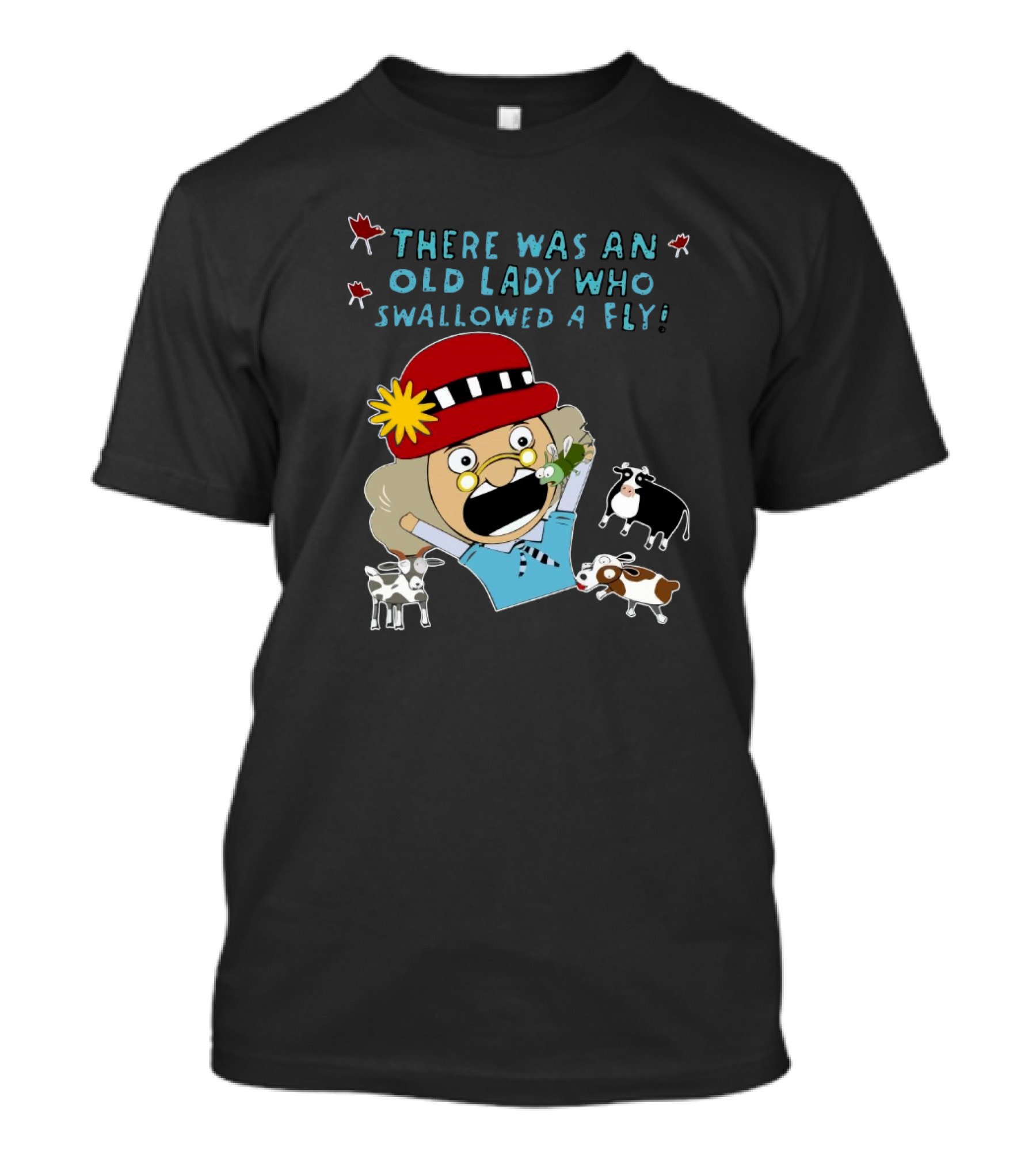 There Was An Old Lady Who Swallowed A Fly Black Funny Cartoon With Animals T-Shirt