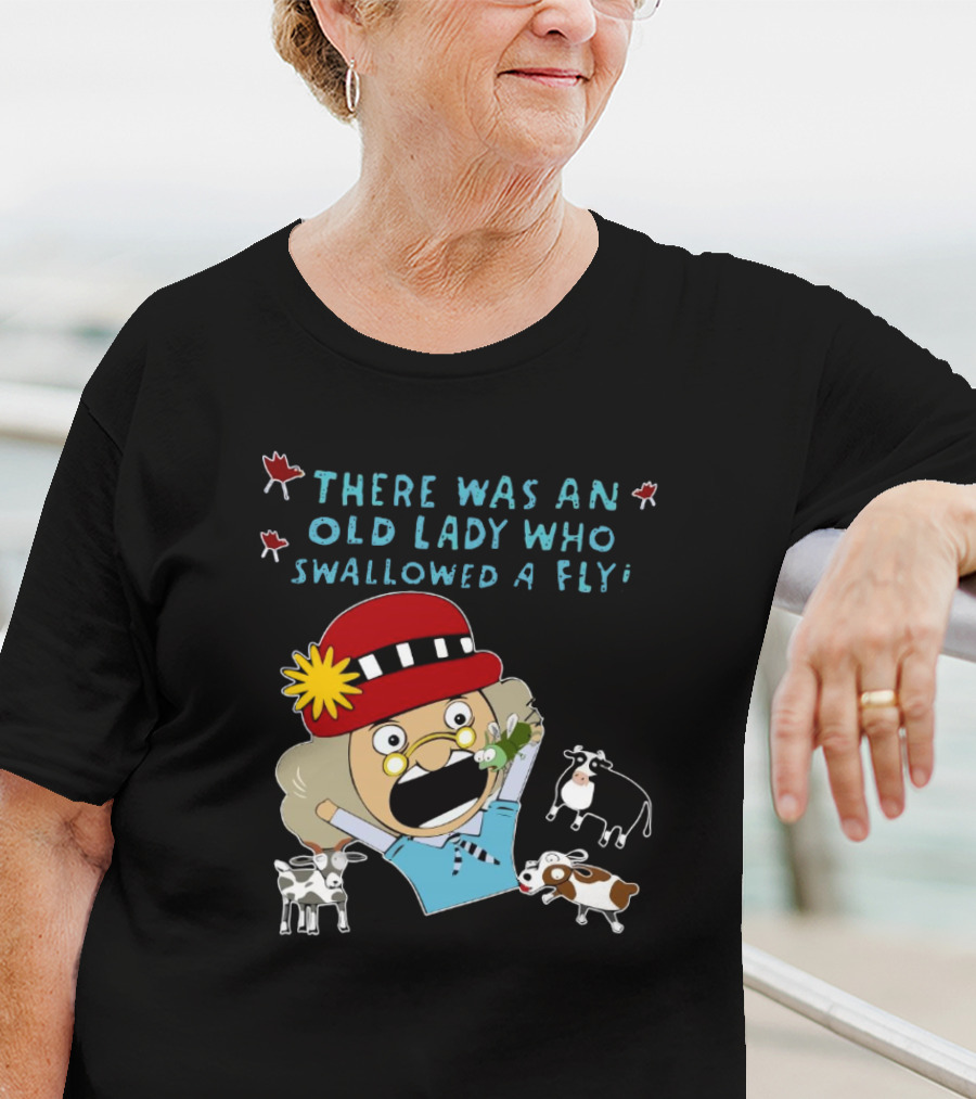 There Was An Old Lady Who Swallowed A Fly Black Funny Cartoon With Animals T-Shirt