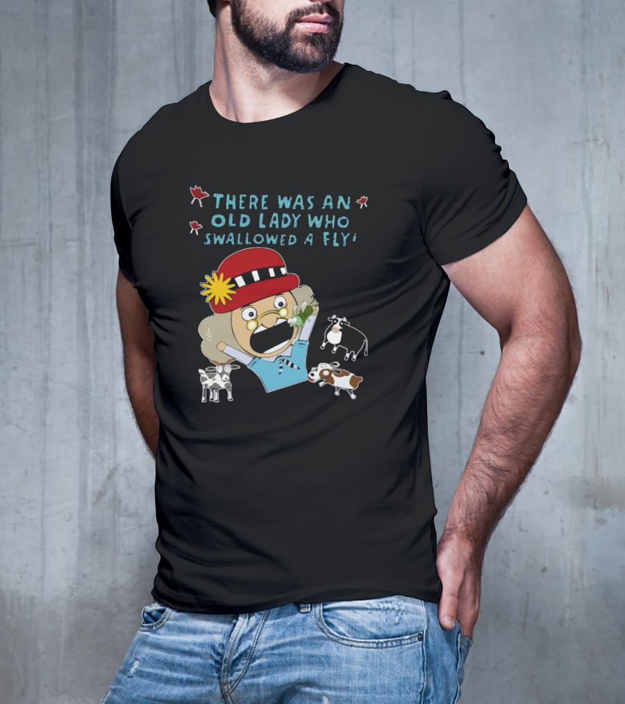 There Was An Old Lady Who Swallowed A Fly Black Funny Cartoon With Animals T-Shirt