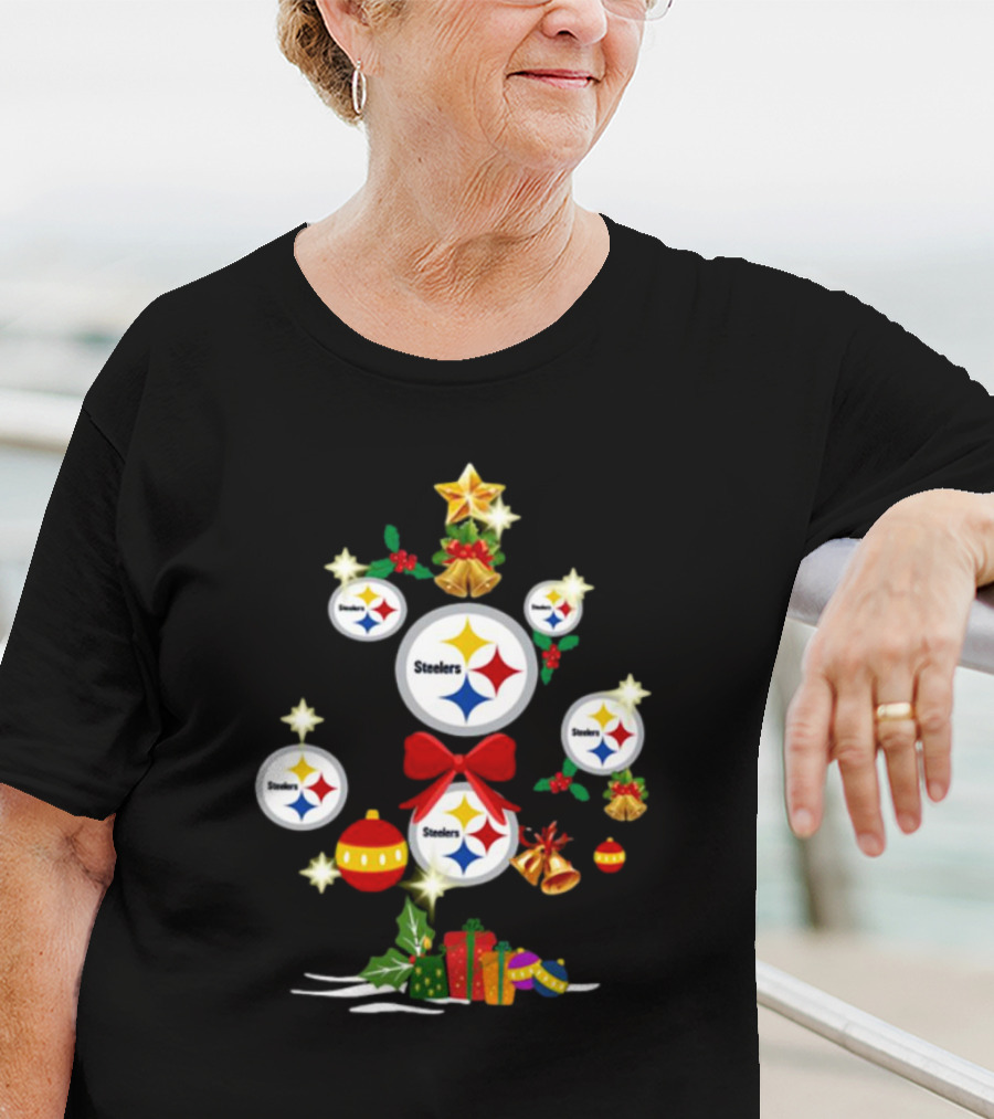Pittsburgh Steelers Christmas Tree Ornaments With Presents And Stars T-Shirt