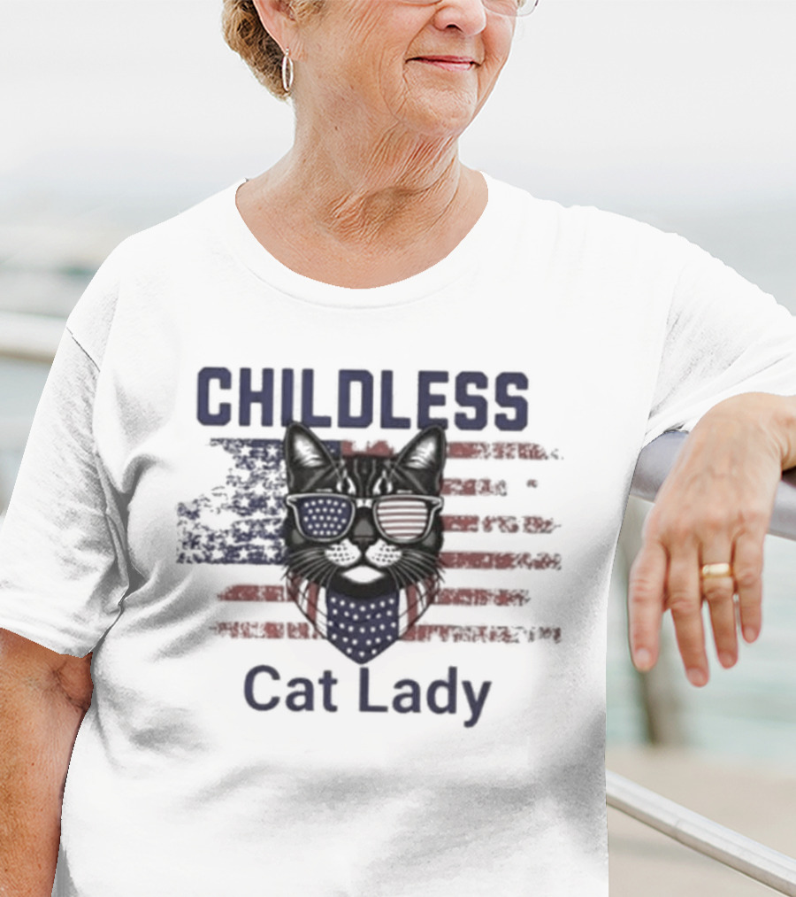 Childless Cat Lady Patriotic American Flag Cat With Sunglasses T-Shirt