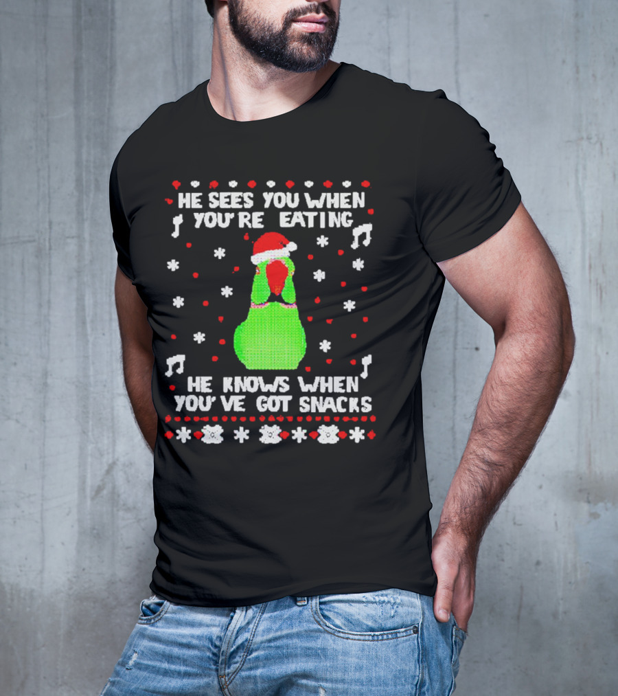Parrot Ugly Christmas He Sees You When You’re Eating He Knows When You’ve Got Snacks T-Shirt