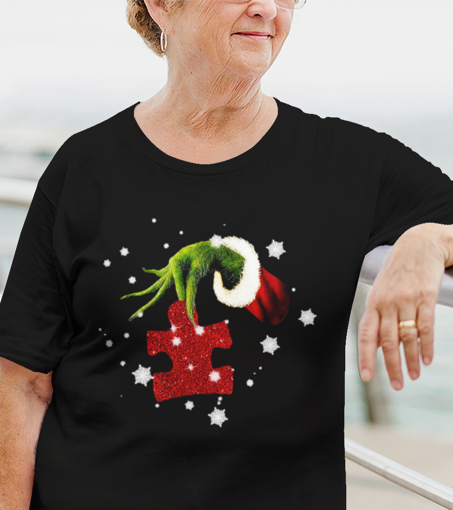 Grinch Hand Holding Red Glitter Puzzle Piece Autism Christmas Snowflakes T-Shirt