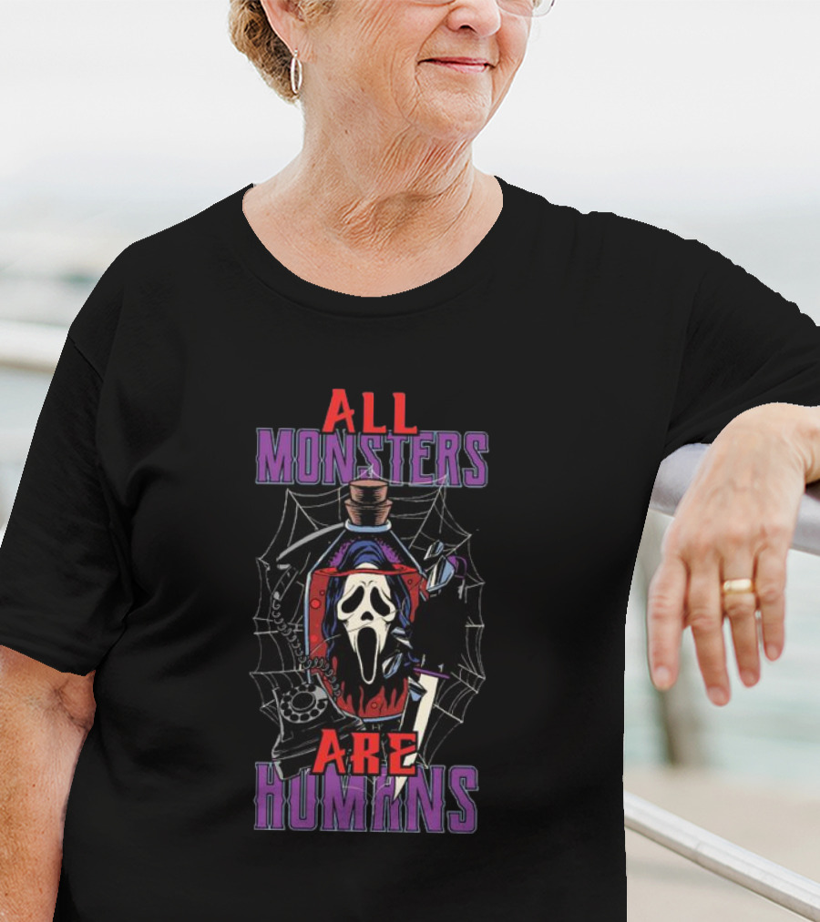 All Monsters Are Human Ghostface Spider Web And Knife T-Shirt