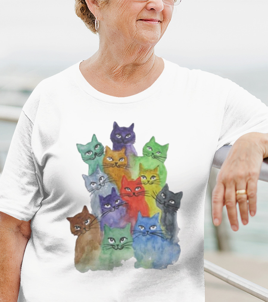 Cats All Around Colorful Watercolor Feline Faces T-Shirt