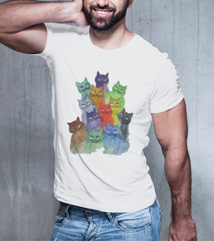 Cats All Around Colorful Watercolor Feline Faces T-Shirt