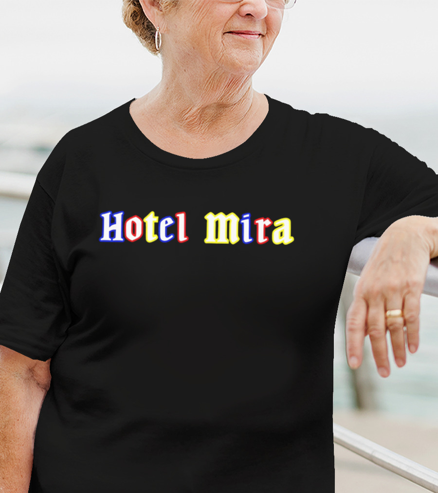 Hotel Mira Blue Red Yellow Text T-Shirt