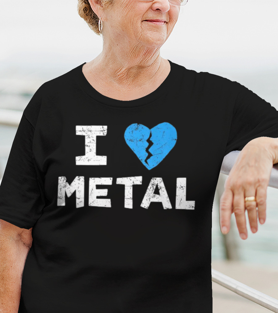 I Love Metal Broken Heart Blue Distressed Text T-Shirt
