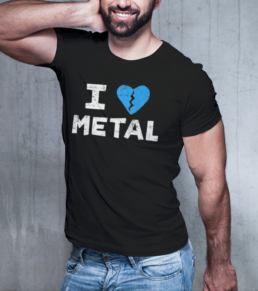 I Love Metal Broken Heart Blue Distressed Text T-Shirt
