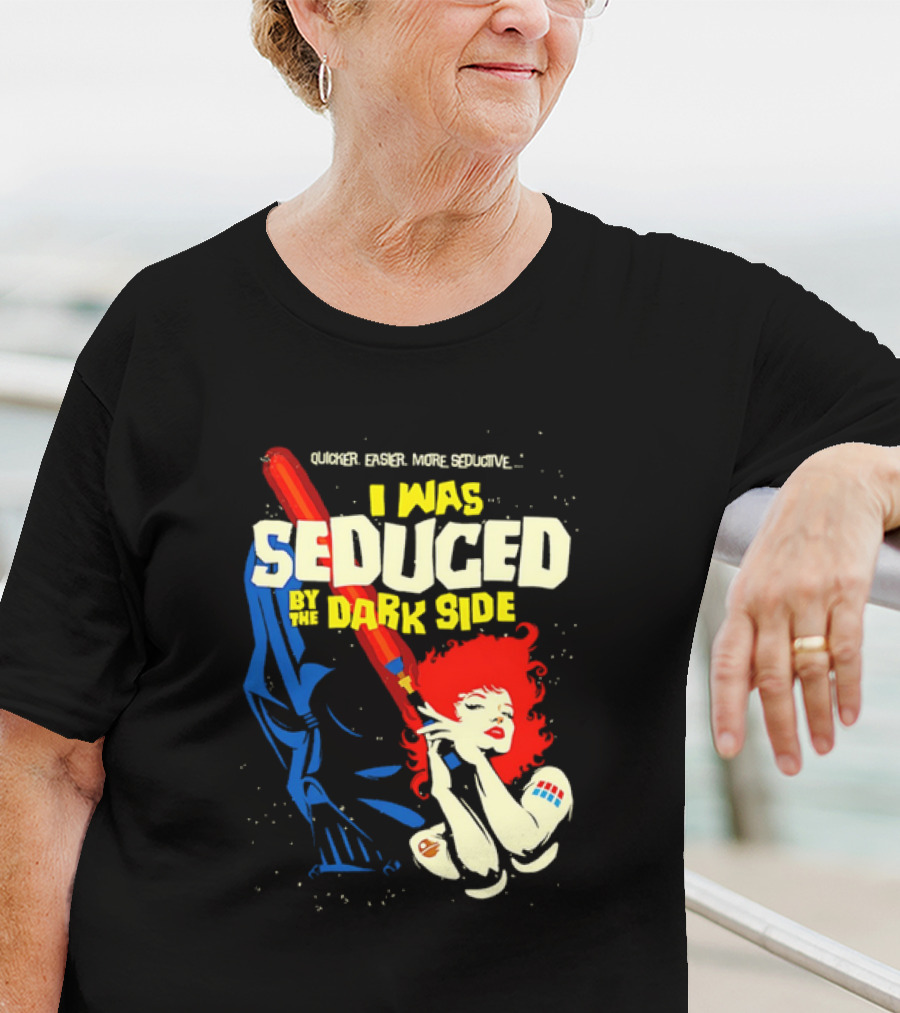I Was Seduced By The Dark Side Cartoon Darth Vader And Redhead Woman T-Shirt