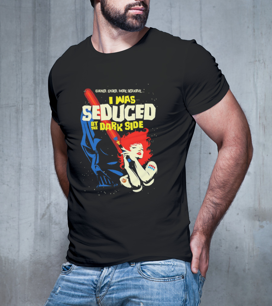 I Was Seduced By The Dark Side Cartoon Darth Vader And Redhead Woman T-Shirt
