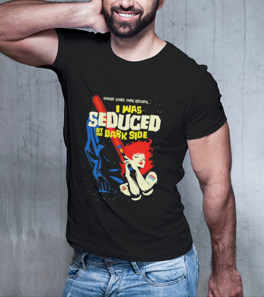 I Was Seduced By The Dark Side Cartoon Darth Vader And Redhead Woman T-Shirt