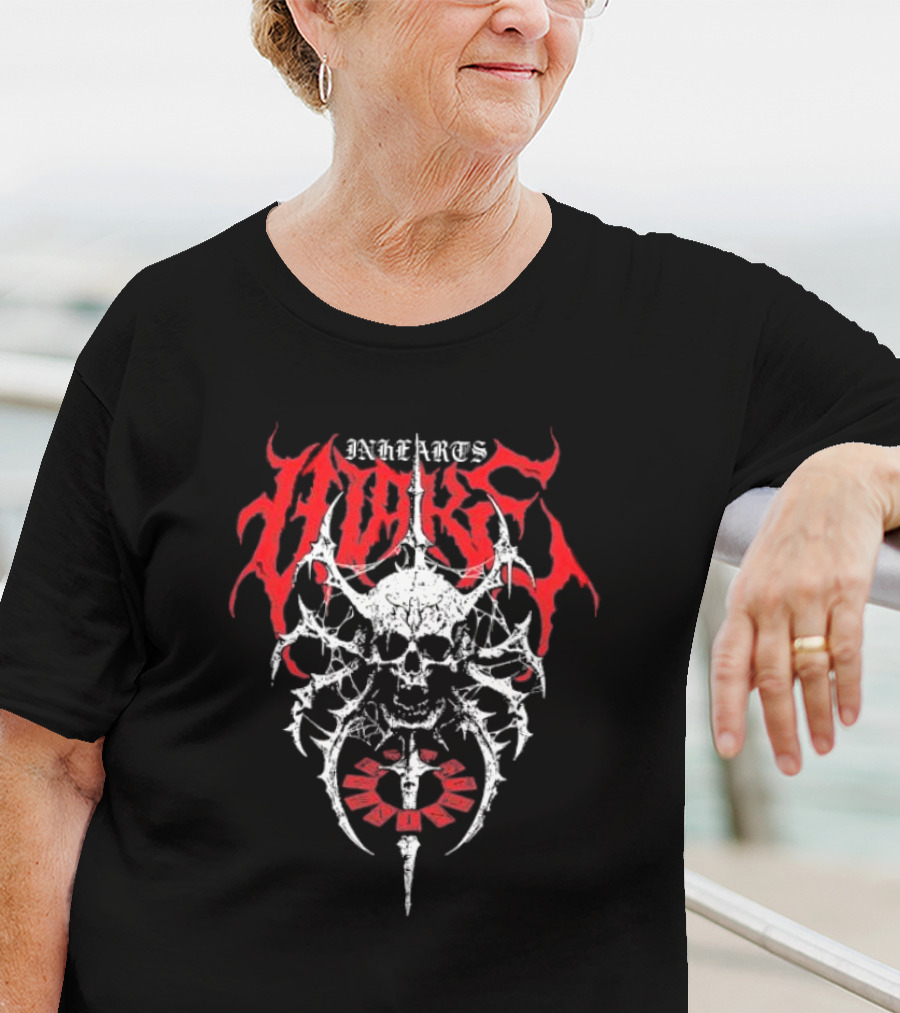 In Hearts Wake Skeletal Skull Red Text T-Shirt