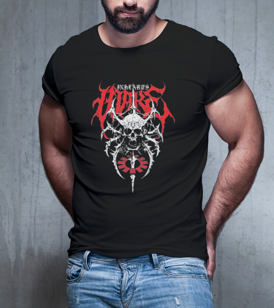 In Hearts Wake Skeletal Skull Red Text T-Shirt