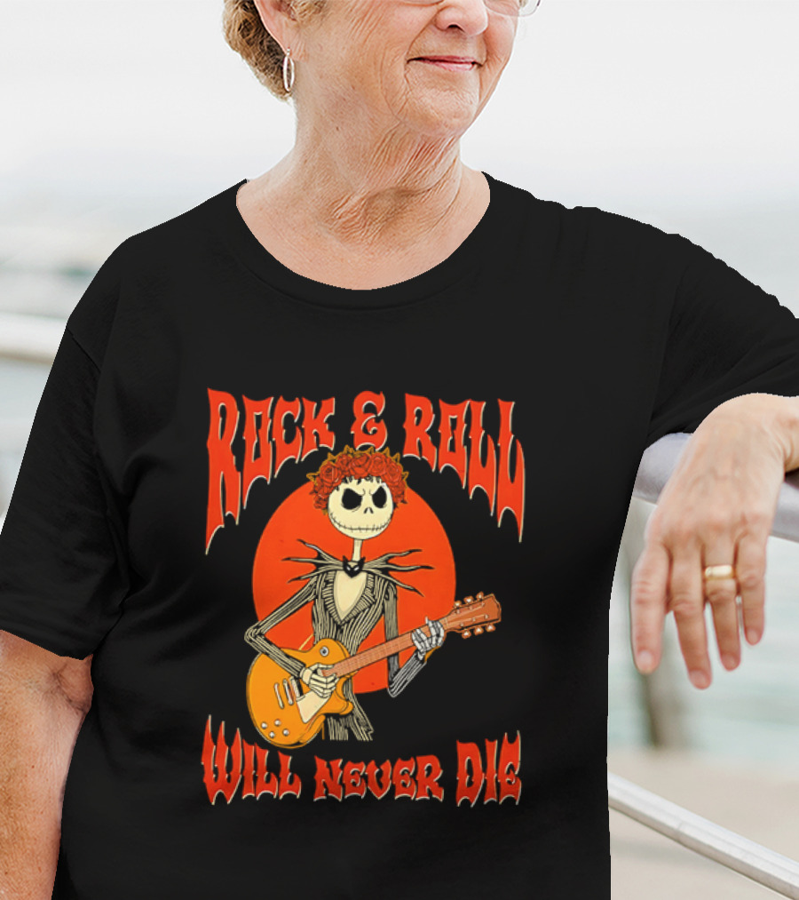 Rock And Roll Will Never Die Jack Skellington Playing Guitar T-Shirt
